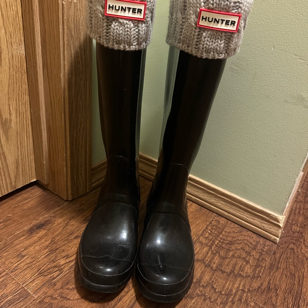 Black Hunter Boots Tall -With Taupe Cable Knit Inserts
